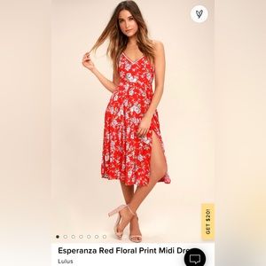 Lulu’s red floral Esperanza midi dress with slit, size medium